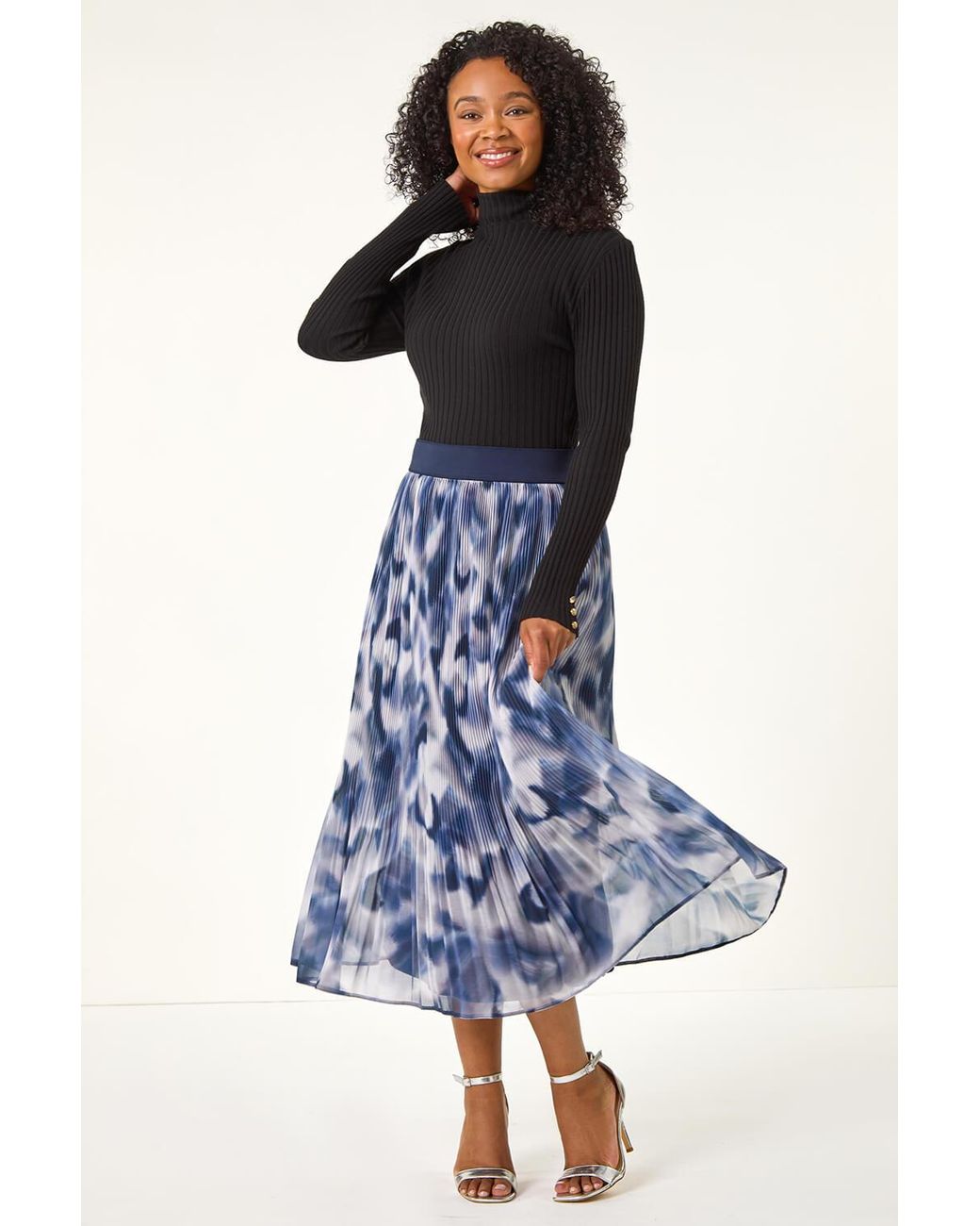 Roman Petite Blue Abstract Crystal Pleated Skirt