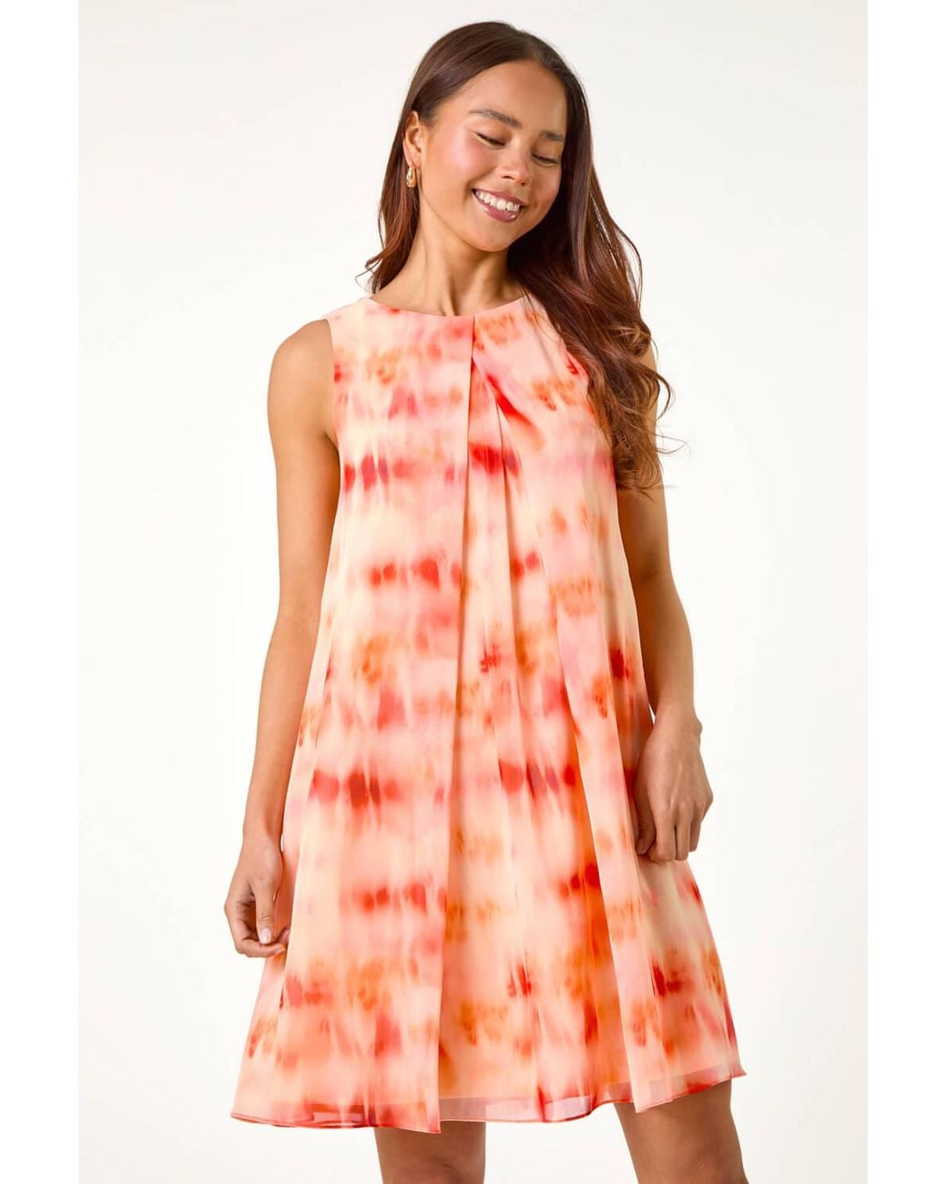 Roman Petite Red Tie Dye Print Pleat Neck Dress