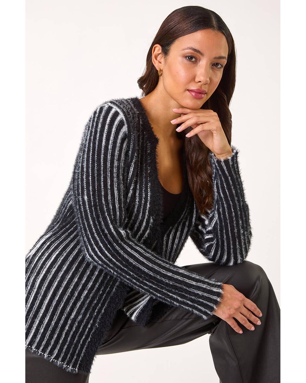 Roman Black Fluffy Striped Knit Cardigan