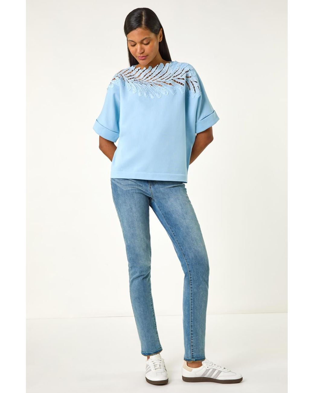 Roman Blue Embellished Short Sleeve Knit Top