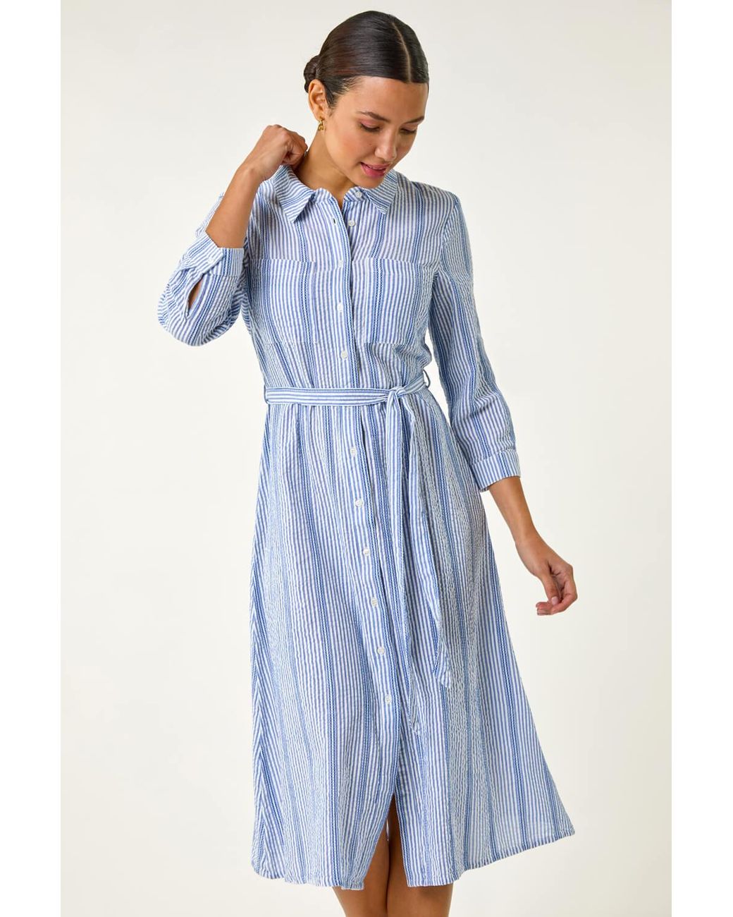 Roman Blue Textured Stripe Belted Shirt Dress