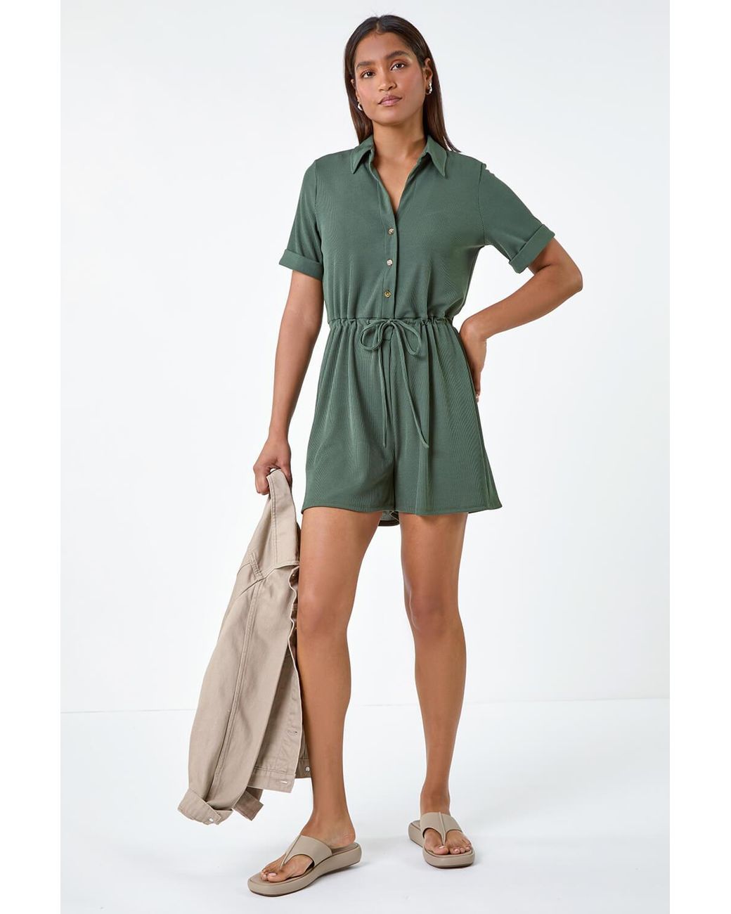 Roman Green Ribbed Stretch Playsuit