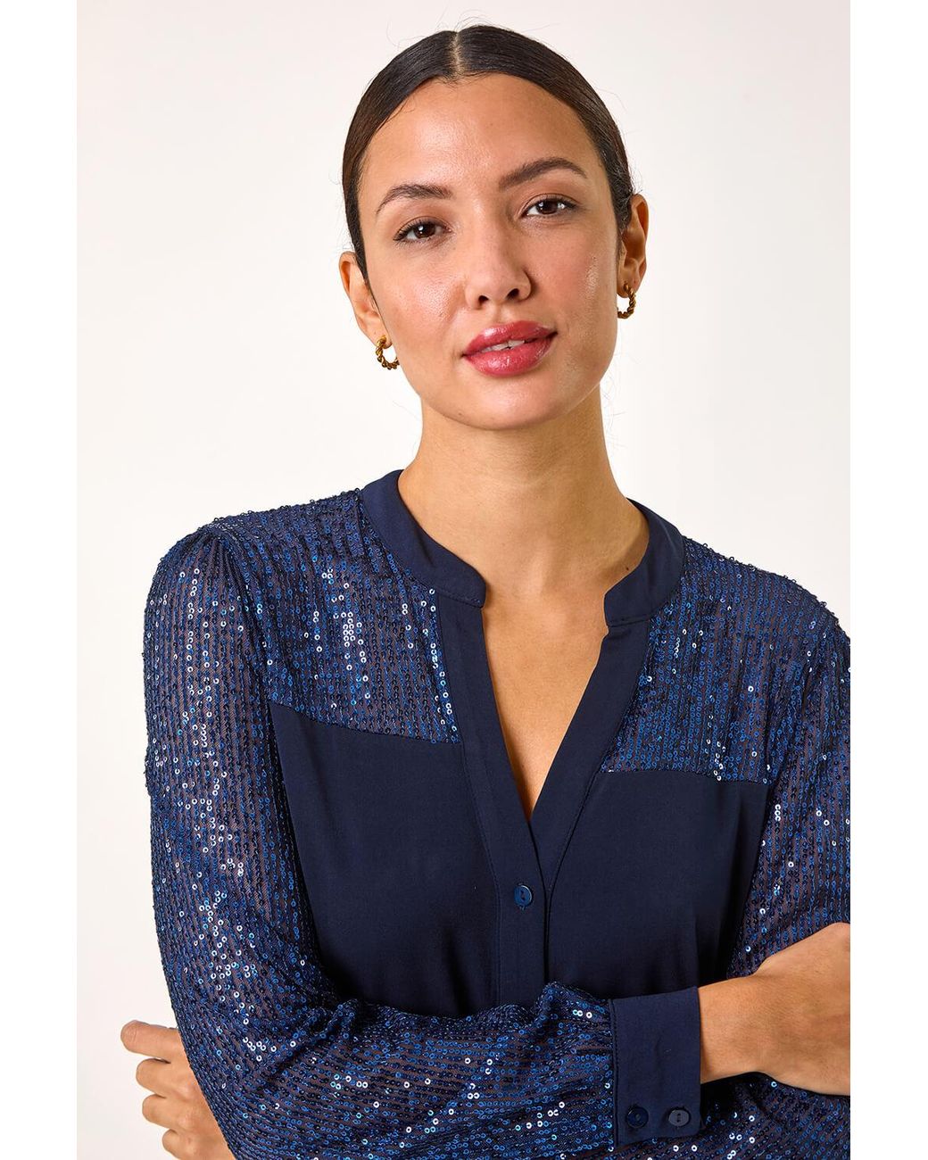 Roman Blue Embellished Sequin Stretch Blouse