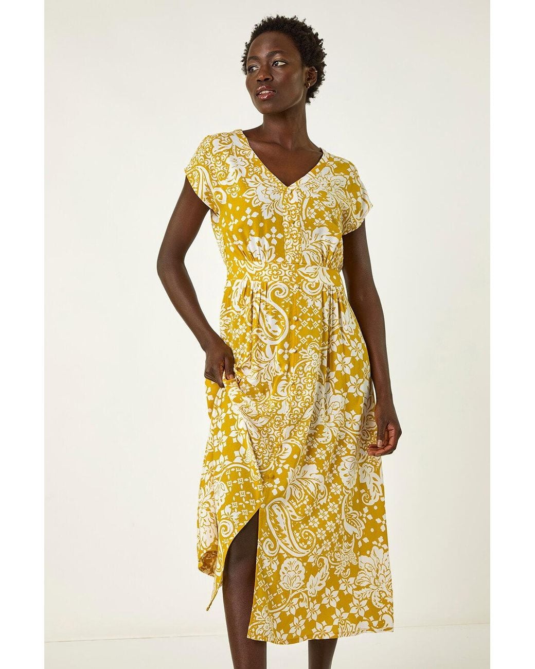 Roman Yellow Leaf Print Button Midi Dress
