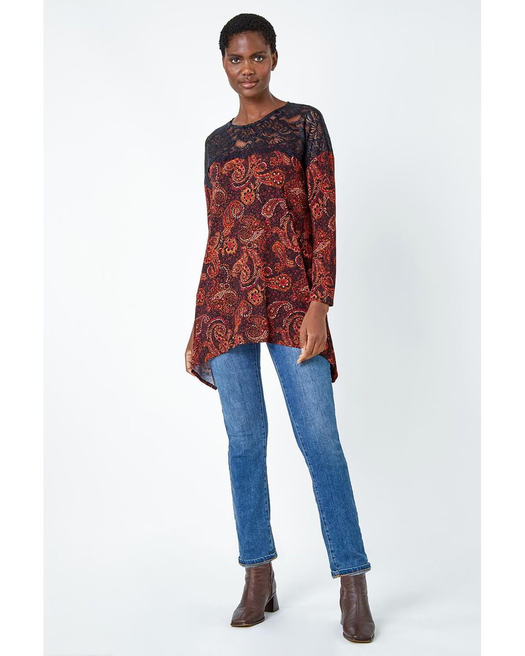 Roman Red Lace Detail Paisley Print Stretch Top