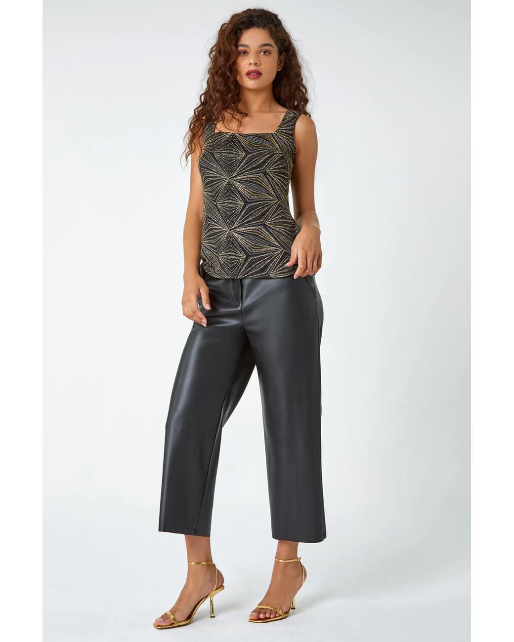 Roman Black Geometric Sparkle Embellished Vest Top