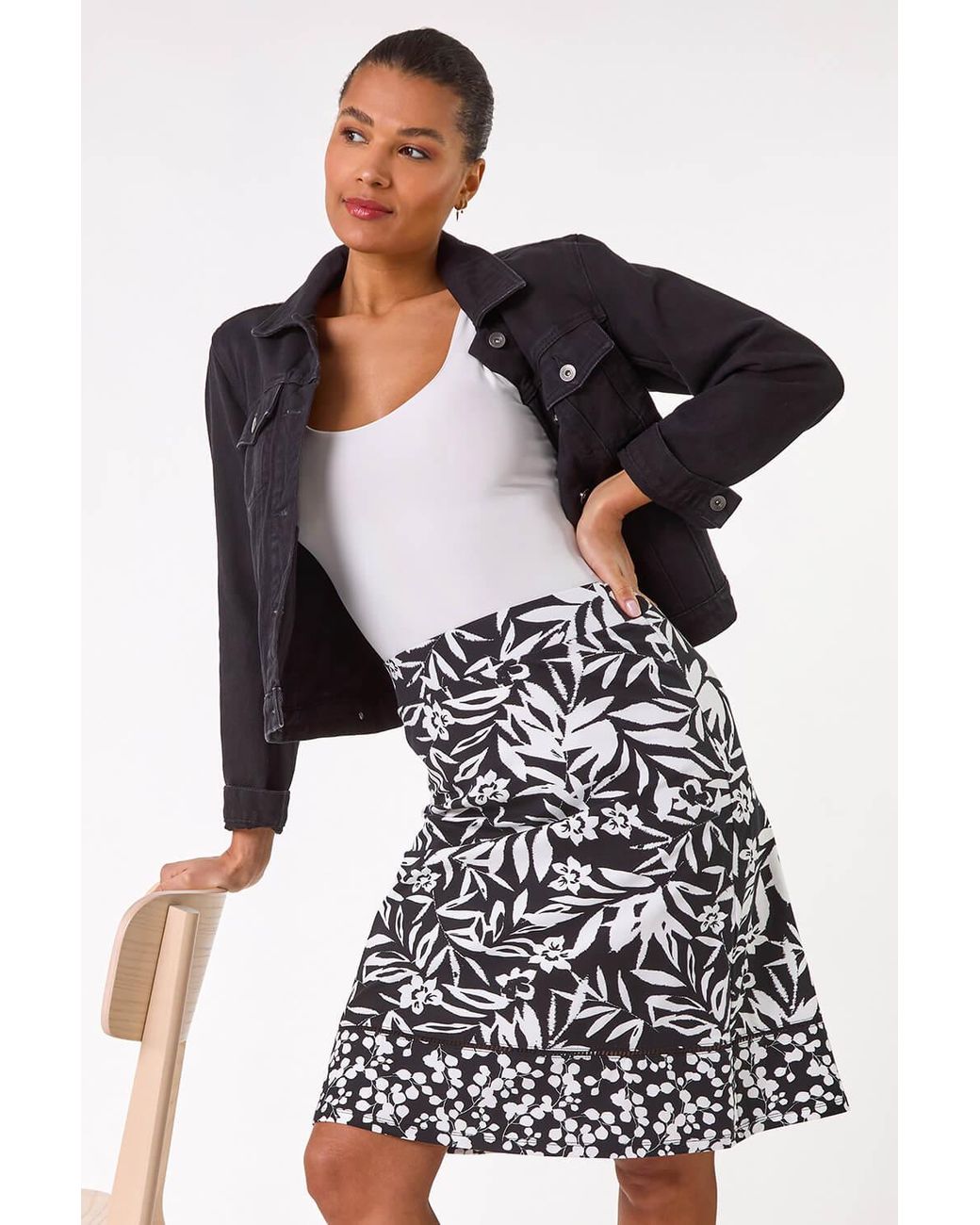 Roman Black A-Line Palm Mono Print Skirt