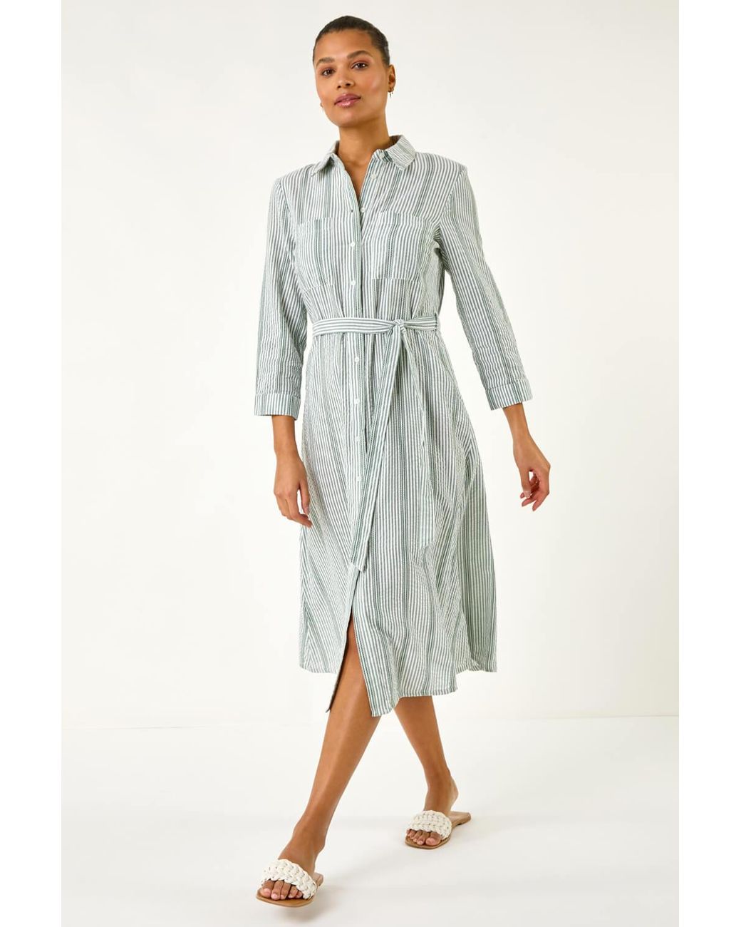 Roman Green Textured Stripe Belted Shirt Dress
