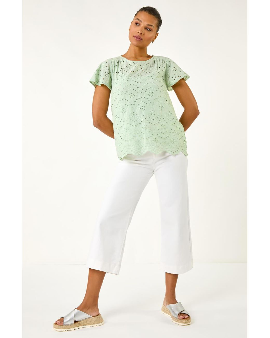 Roman Green Broderie Short Sleeve Top