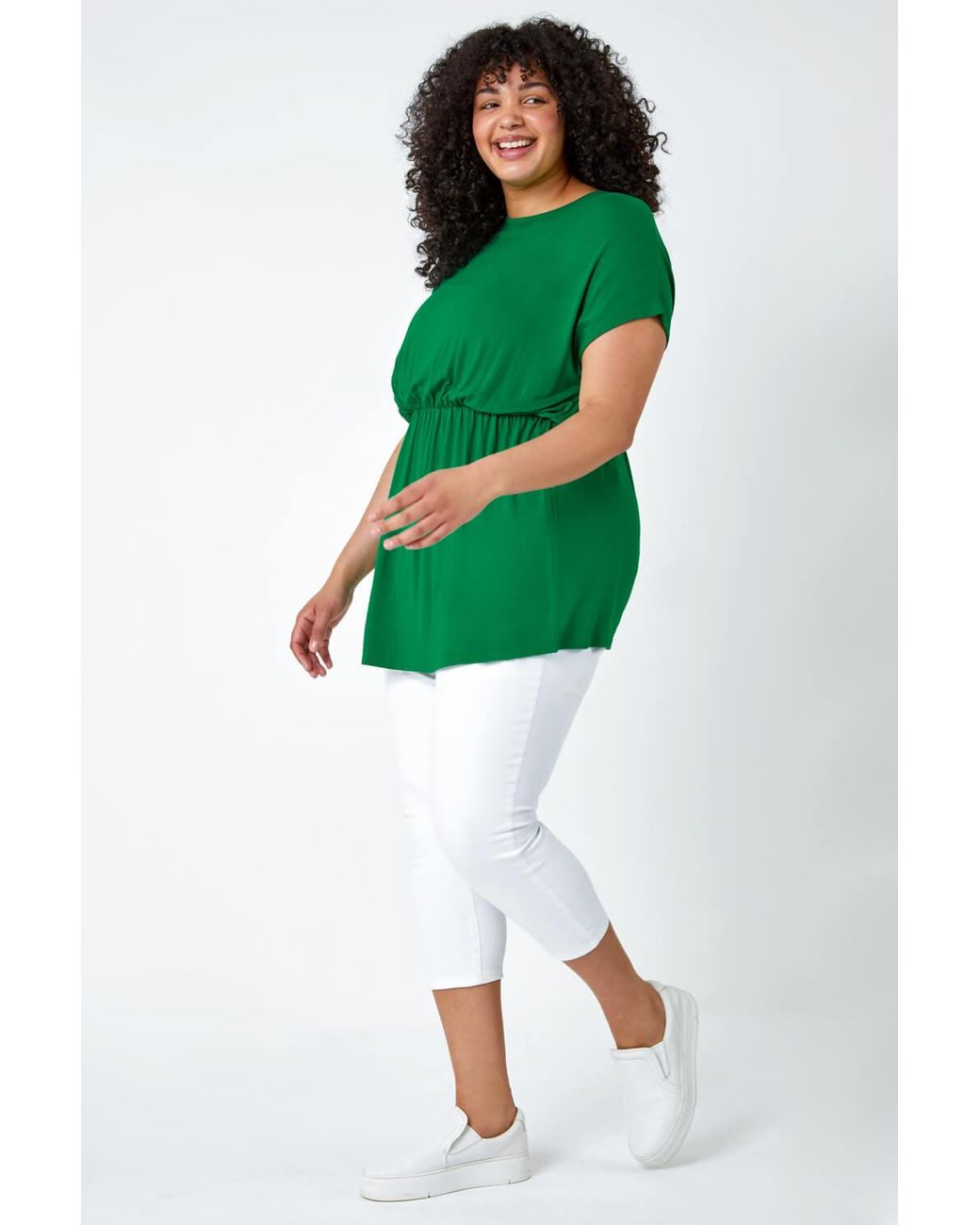 Roman Curve Green Shirred Waist Tunic Top