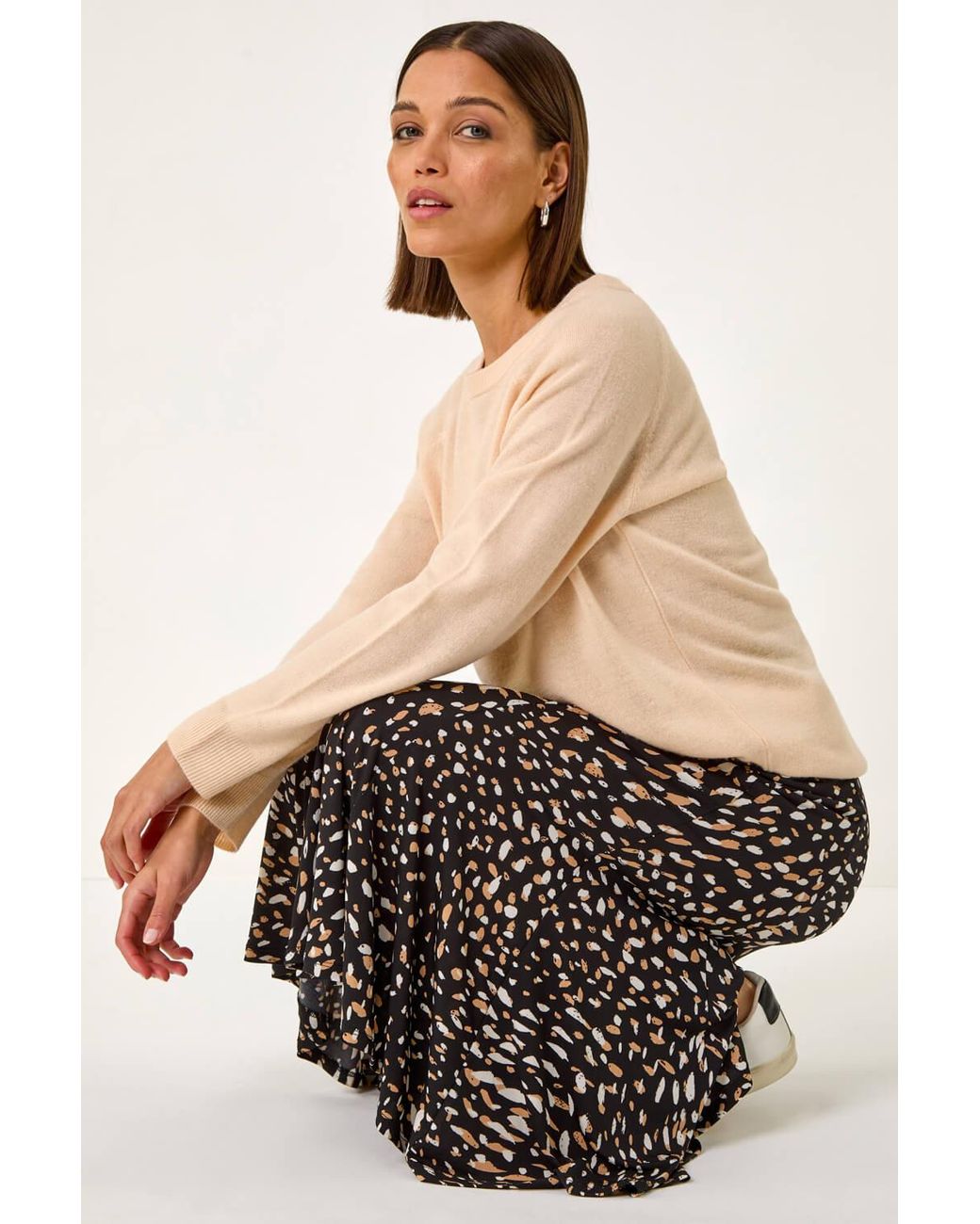 Roman White Speckled Print Asymmetric A-Line Skirt