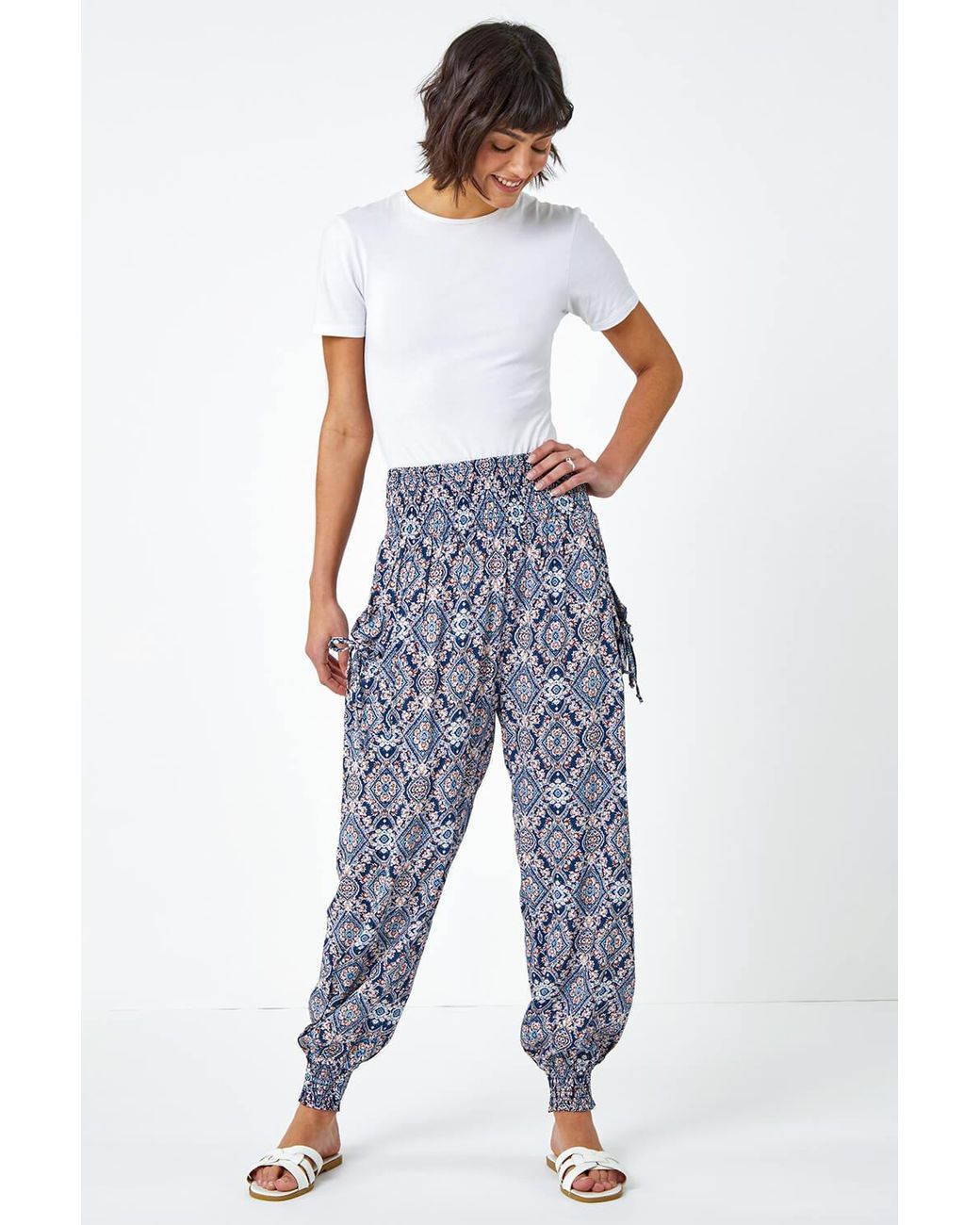 Roman White Paisley Shirred Elastic Waist Hareem Trousers