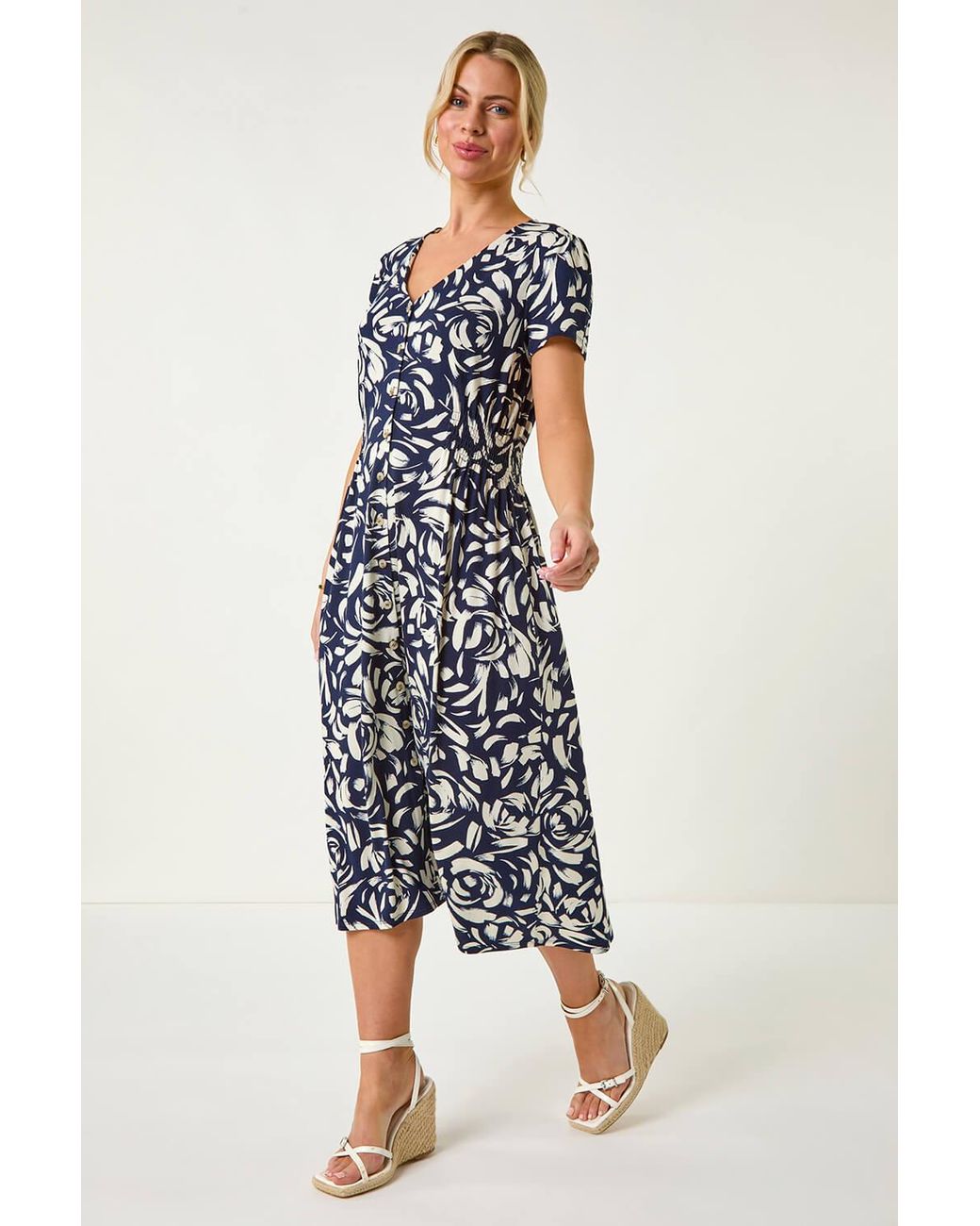 Roman Petite Blue Floral Stretch Shirred Waist Dress