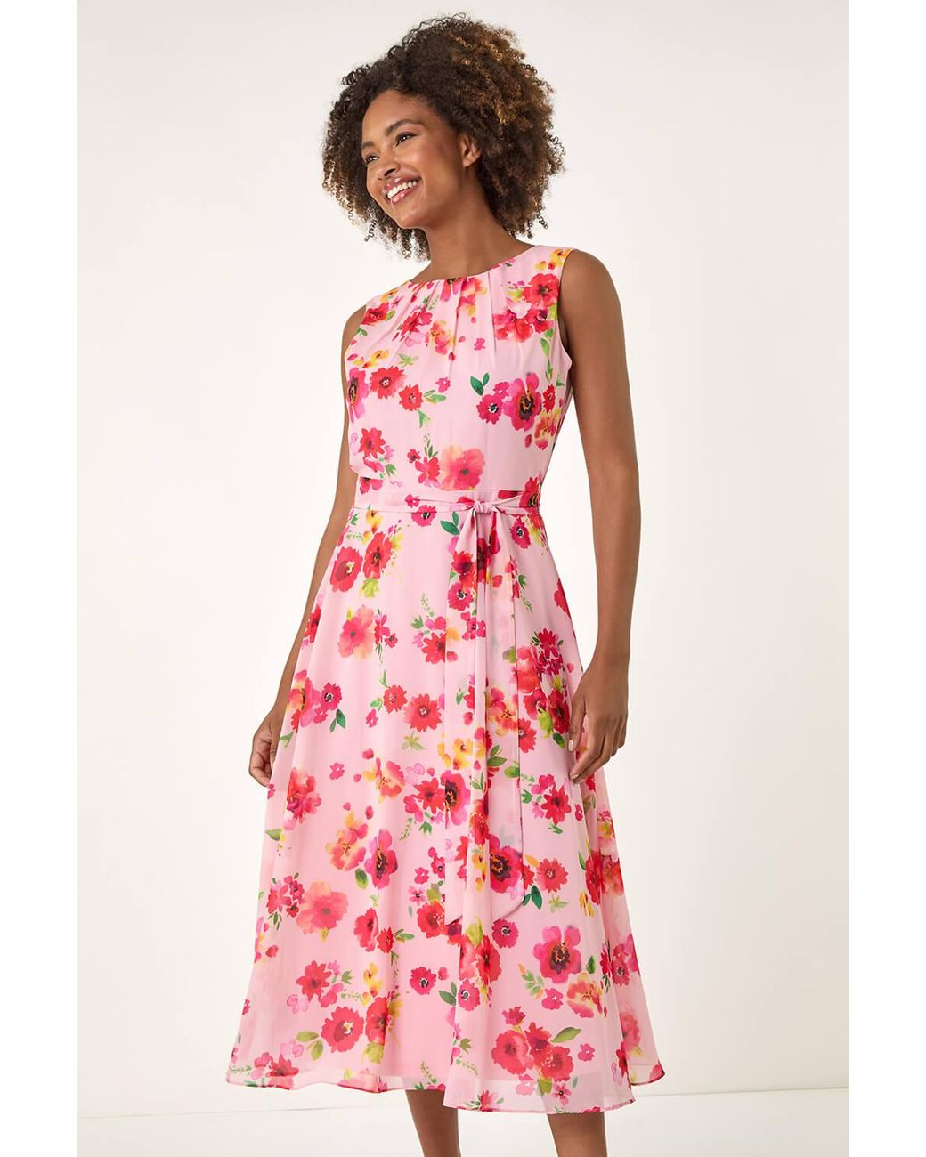 Roman Red Floral Pleated Chiffon Midi Dress