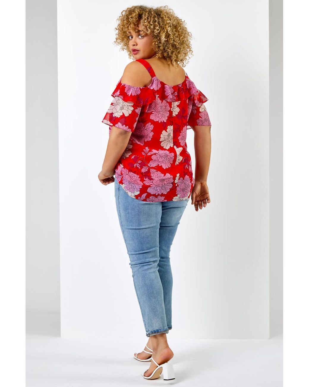 Roman Curve Red Floral Cold Shoulder Chiffon Frill Detail Top