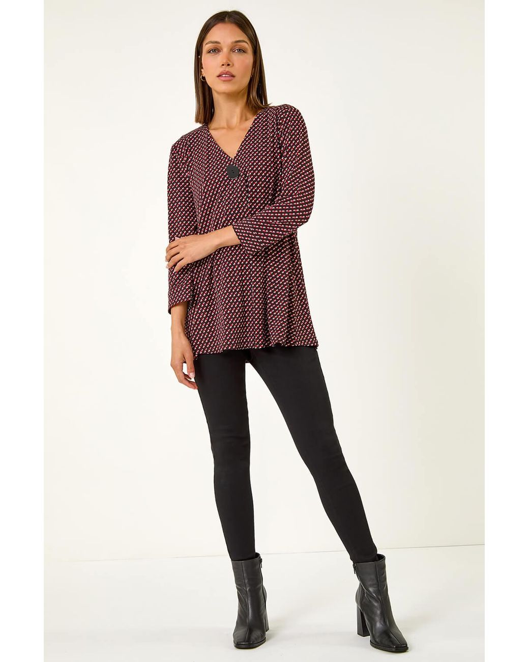 Roman Red Geometric Print Button Detail Top