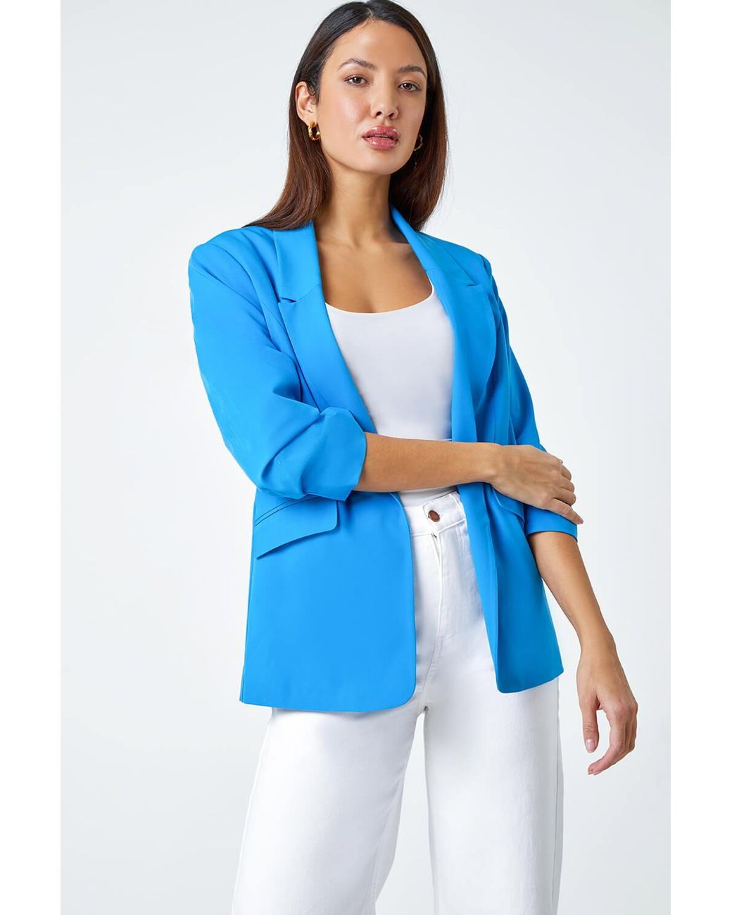 Roman Blue Ruched 3/4 Sleeve Stretch Blazer