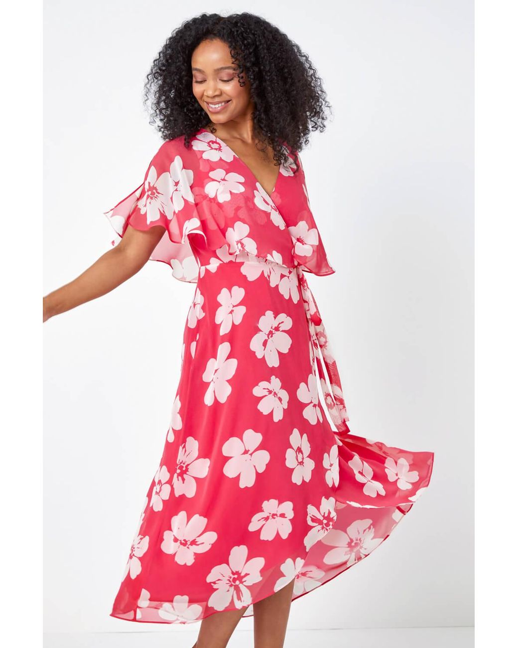 Roman Petite Red Floral Print Chiffon Cape Dress