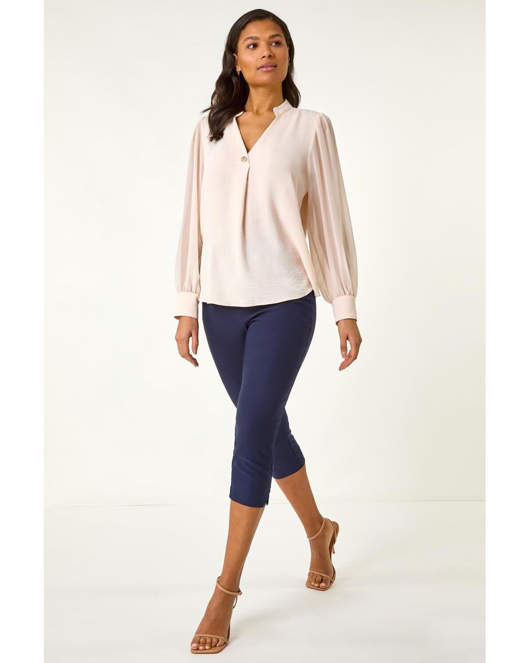 Roman Natural Chiffon Sleeve V-Neck Pleated Top