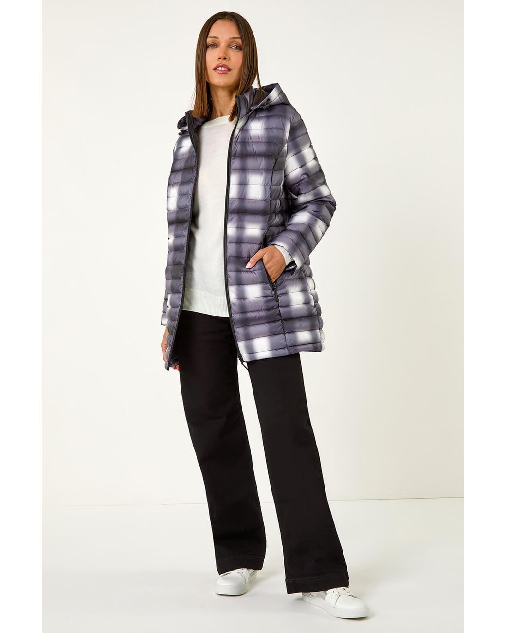 Roman Black Check Print Quilted Puffer Coat