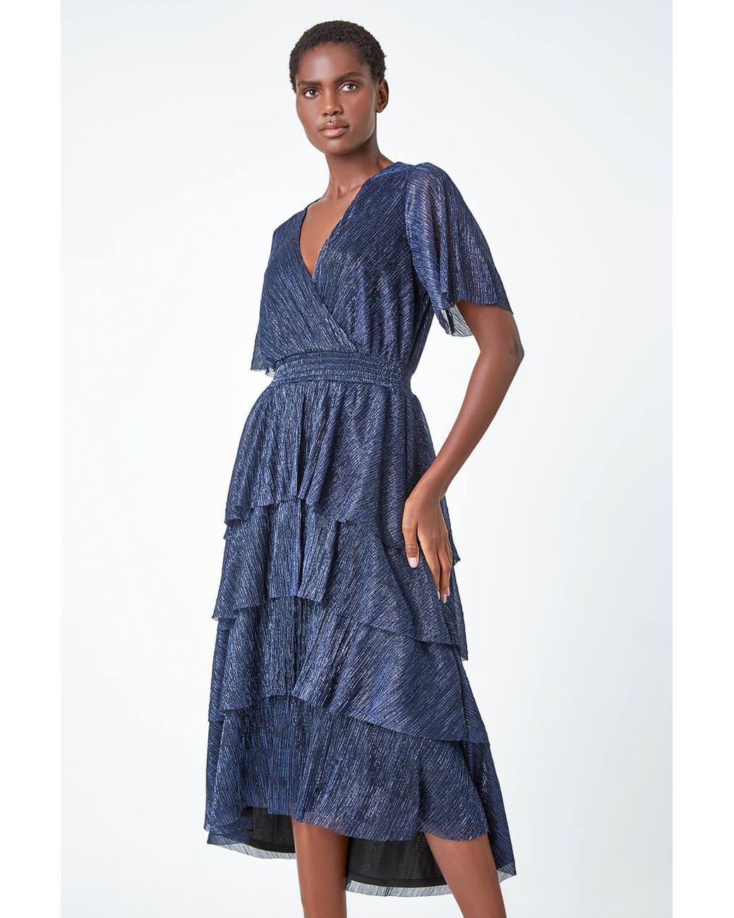 Roman Blue Shimmer Chiffon Tiered Midi Dress