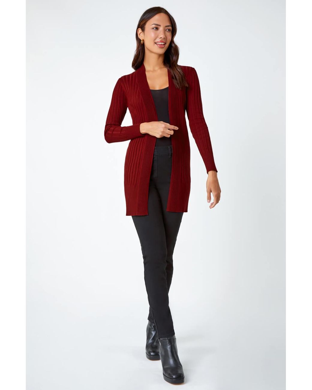 Roman Red Longline Stretch Ribbed Cardigan