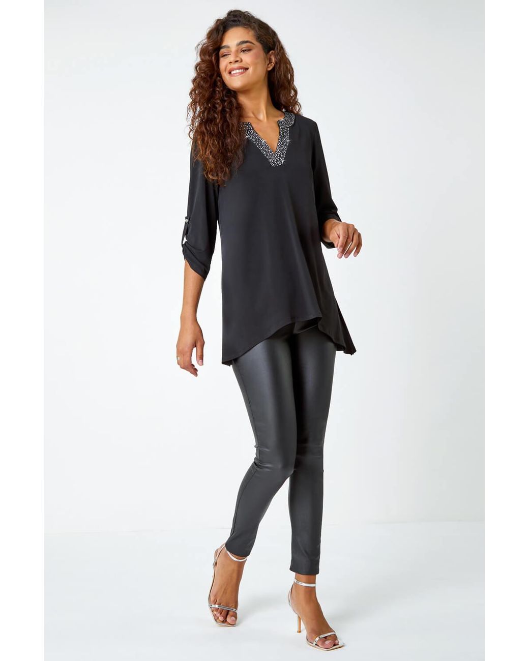 Roman Black Diamante Trim Tunic Stretch Top