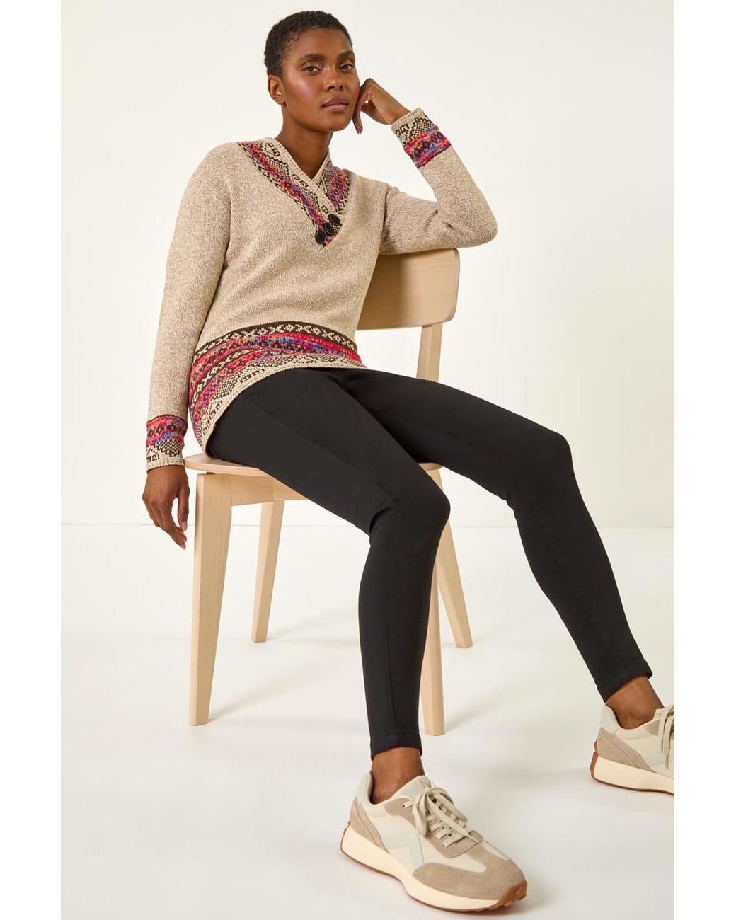 Roman Natural Nordic Print Button Detail Jumper