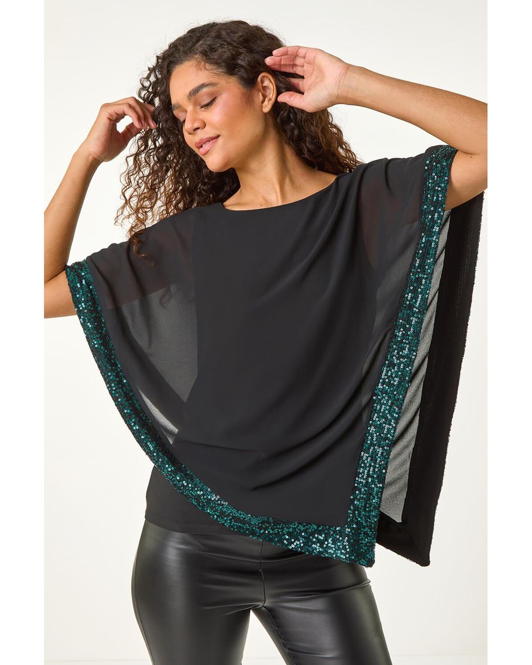 Roman Black Sequin Hem Overlay Stretch Top