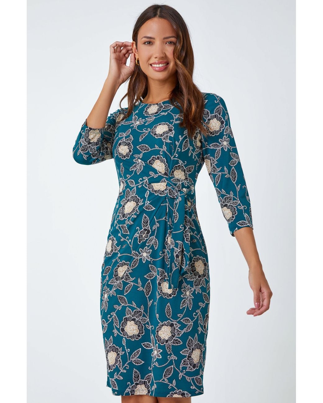 Roman Blue Floral Print Ruched Stretch Dress