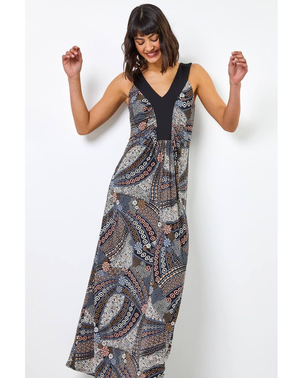 Roman Natural Geo Print Contrast Band Maxi Dress