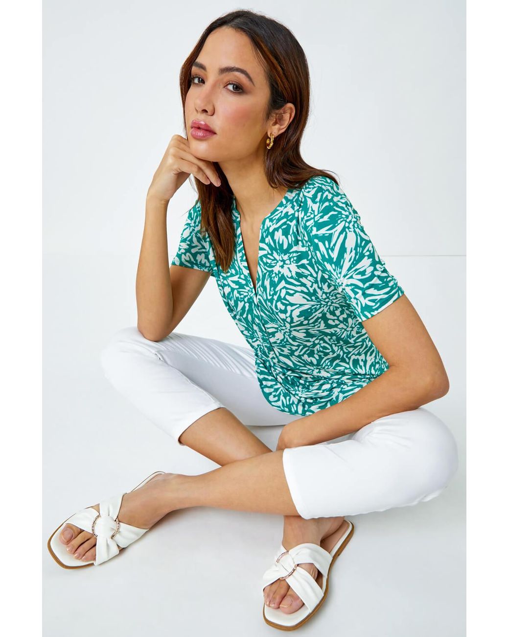 Roman Blue Abstract Floral Print V-Neck Top
