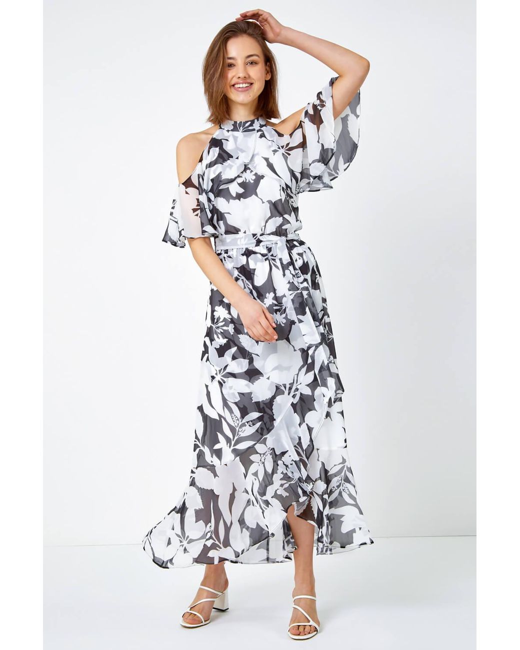 Roman White Floral Cold Shoulder Chiffon Maxi Dress