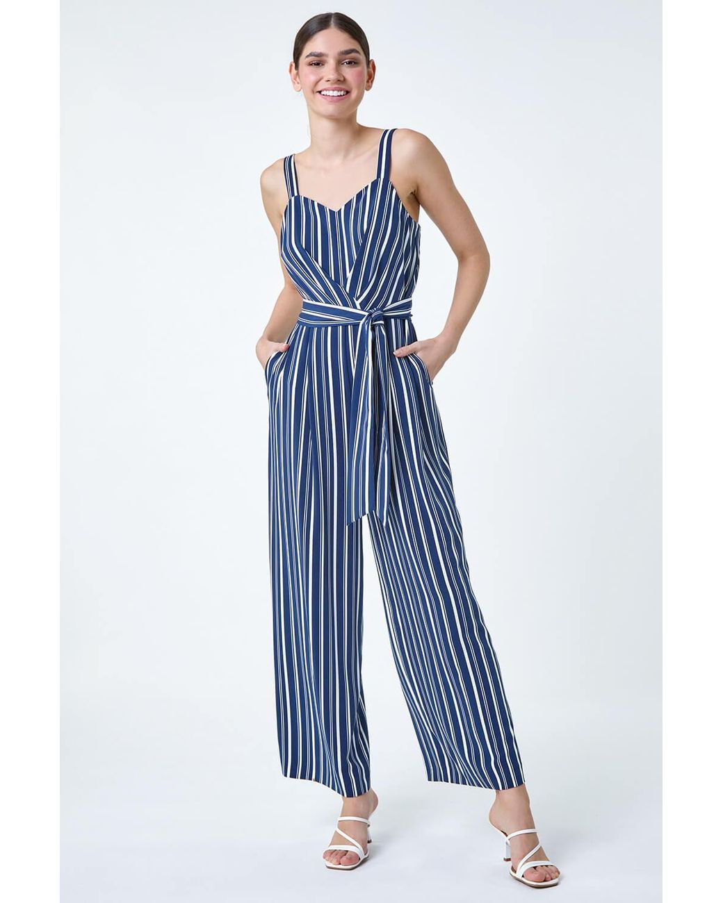 Roman Blue Stripe Print Pocket Jumpsuit