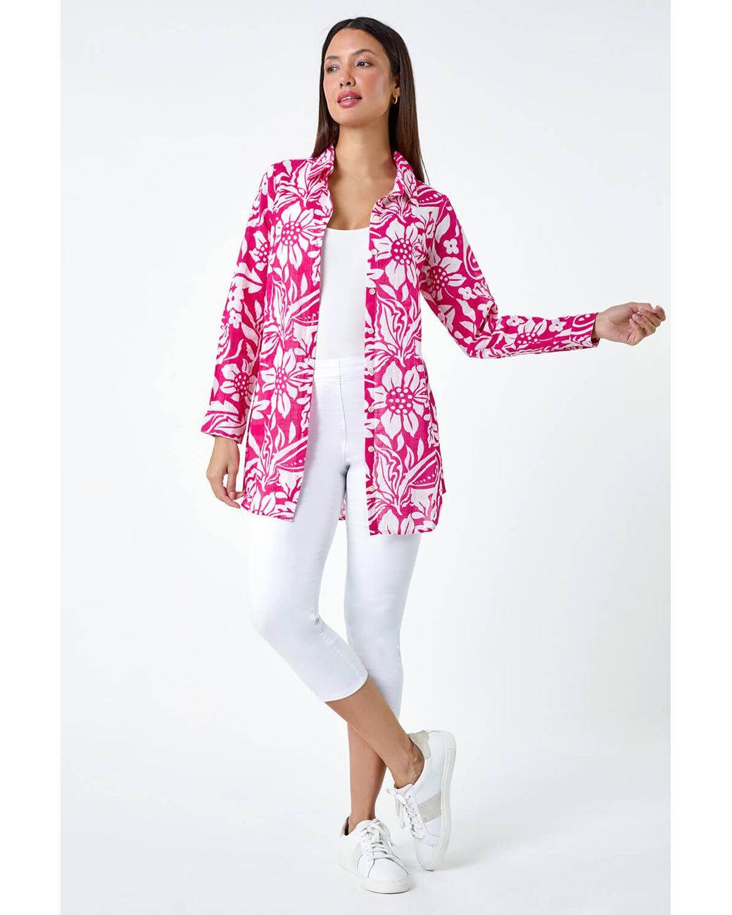 Roman Pink Floral Print Longline Cotton Shirt