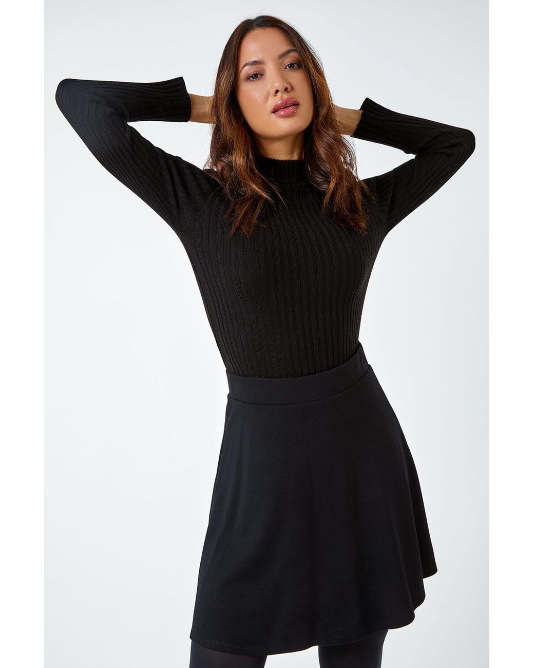 Roman Black Elastic Waist Stretch A Line Skater Skirt