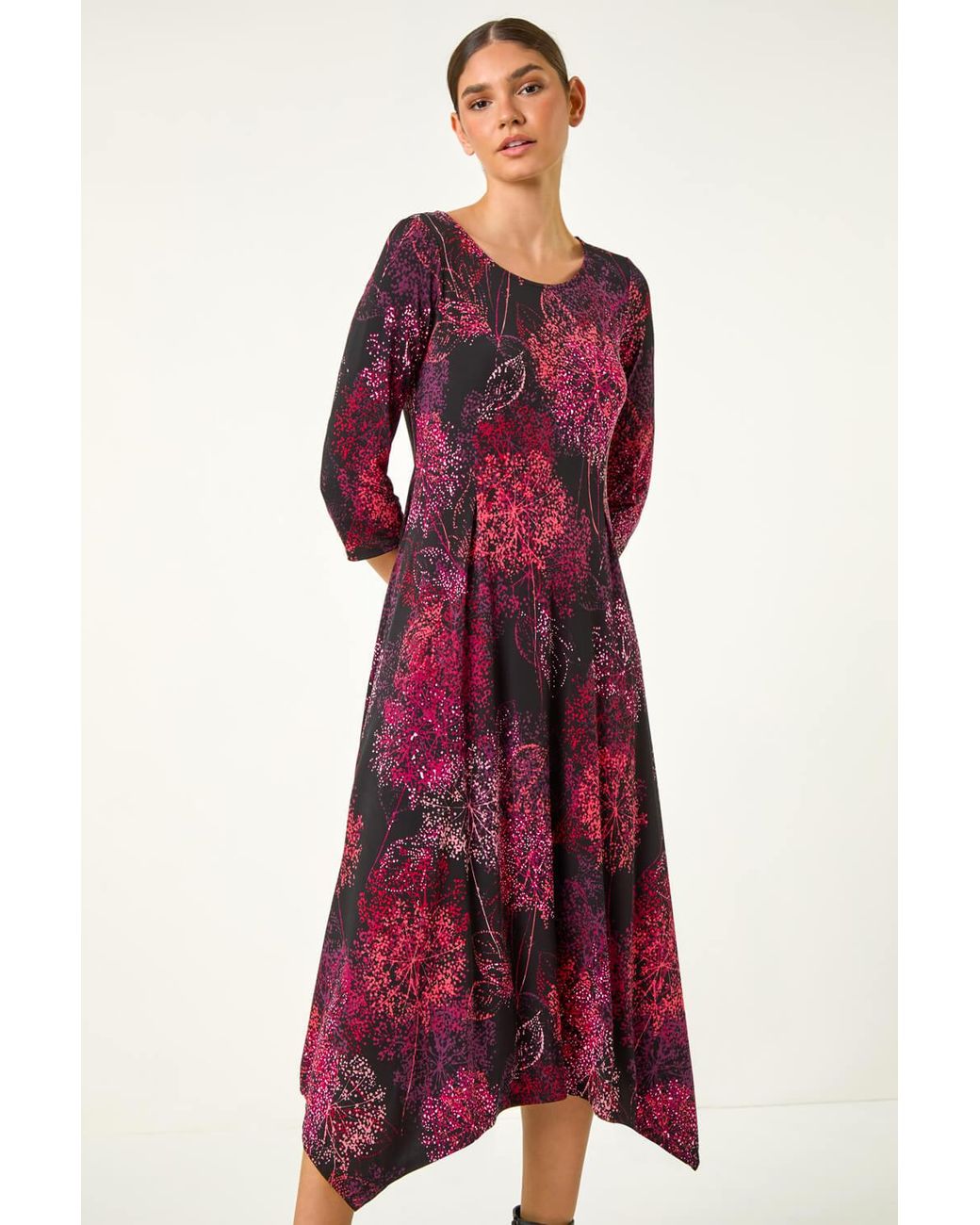 Roman Red Foliage Hanky Hem Midi Dress