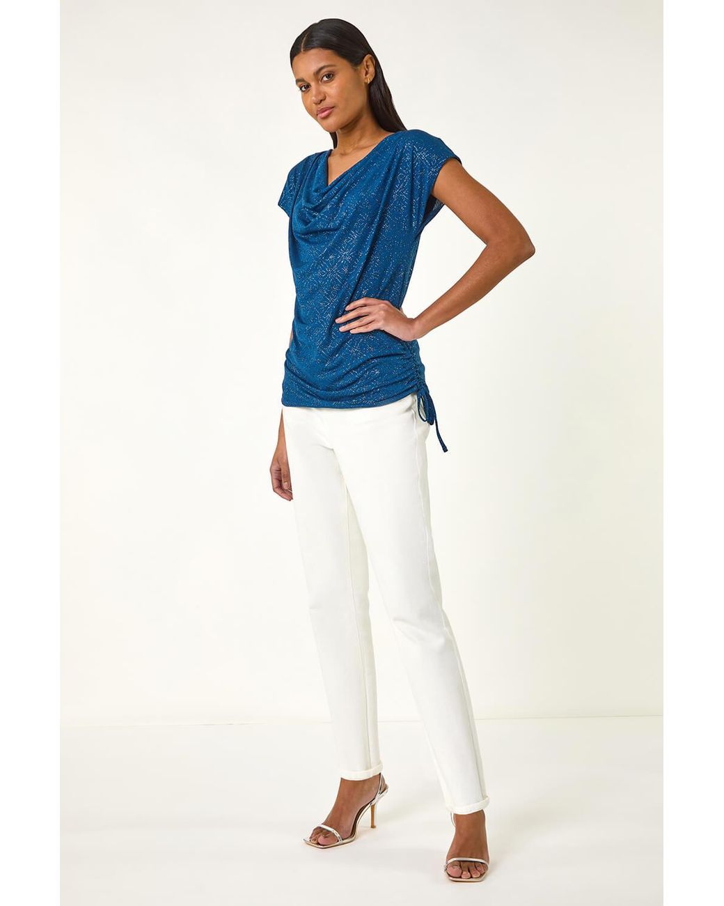 Roman Blue Sparkle Cowl Neck Tie Side Top
