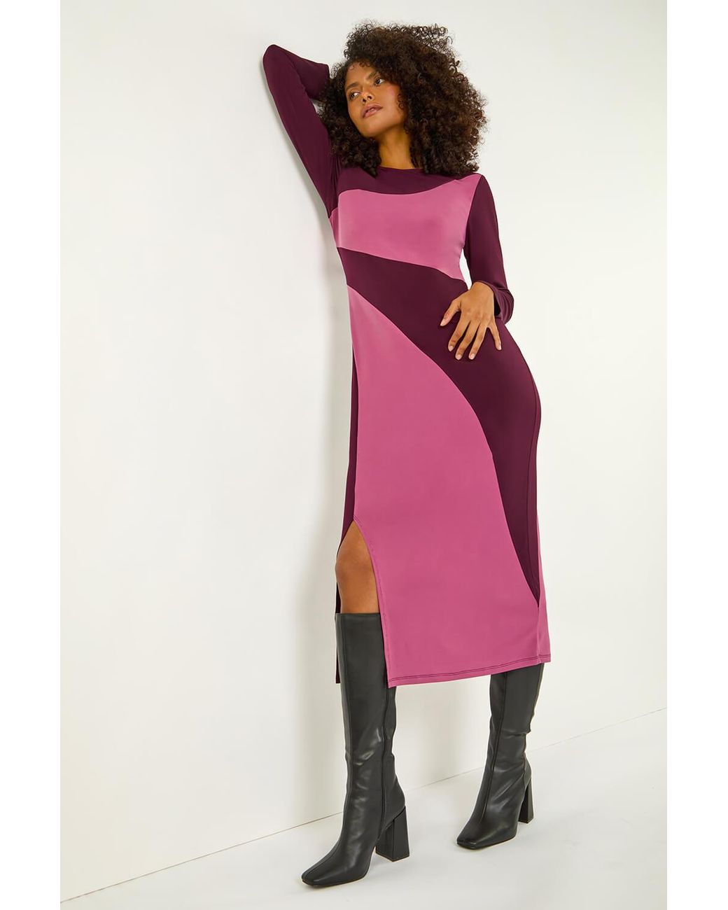 D.u.s.k Pink Colour Block Stripe Stretch Midi Dress