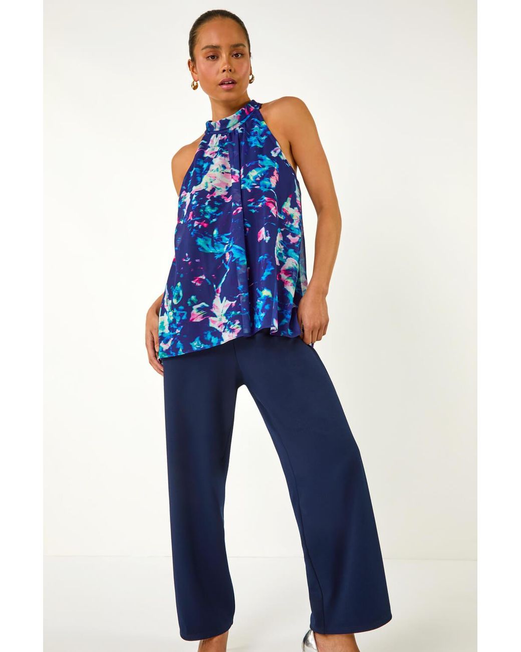 Roman Petite Blue Abstract Halter Neck Overlay Jumpsuit