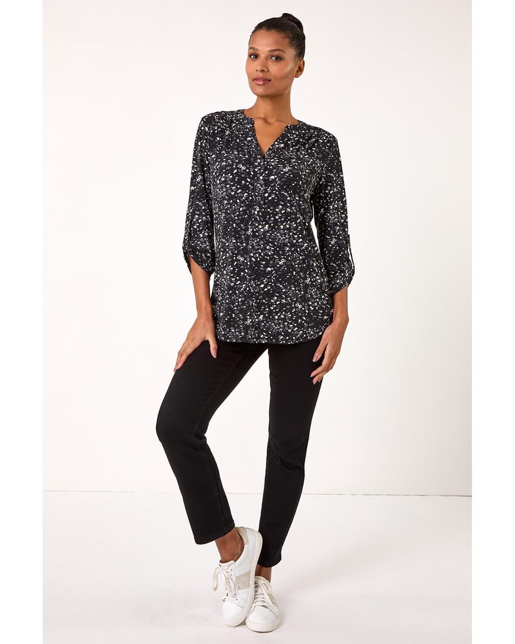 Roman Black Speckled Print Stretch Shirt