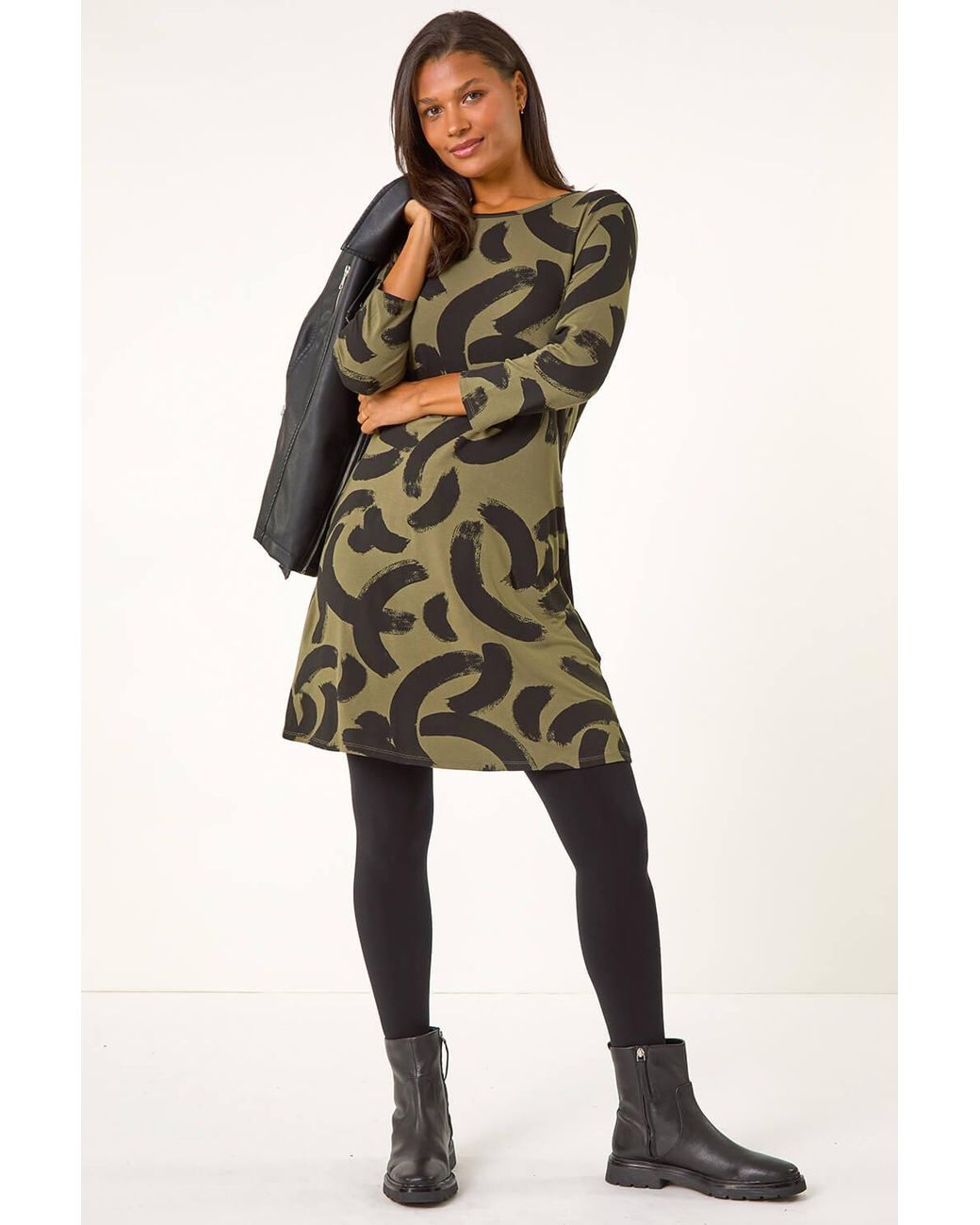 Roman Green Brushstroke A-Line Stretch Dress