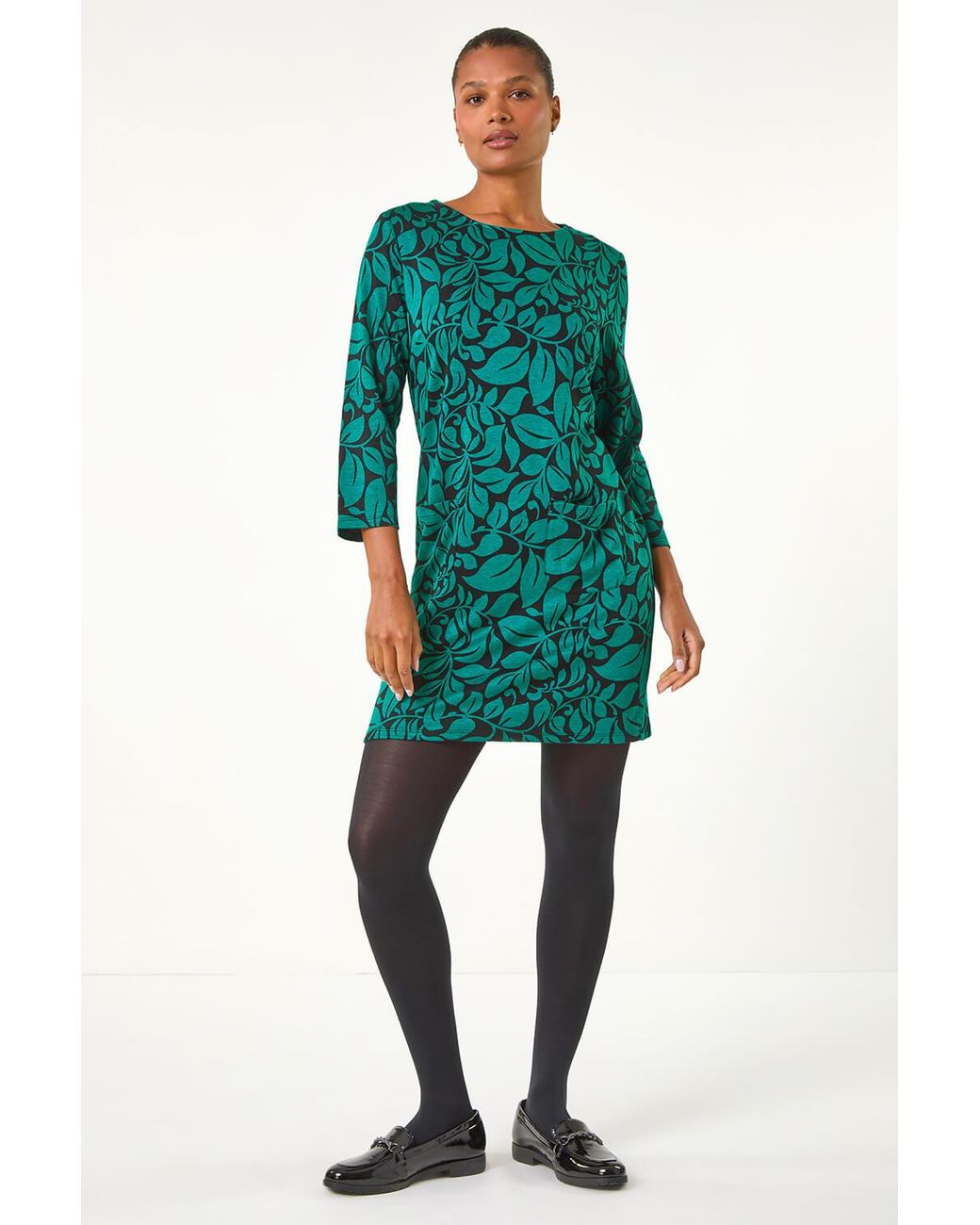 Roman Green Leaf Print Pocket Detail Shift Dress