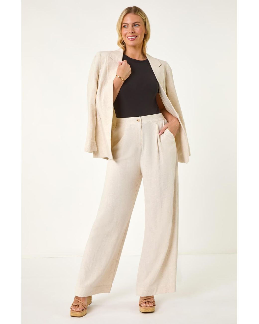 Roman Petite Natural Smart Linen Mix Trousers