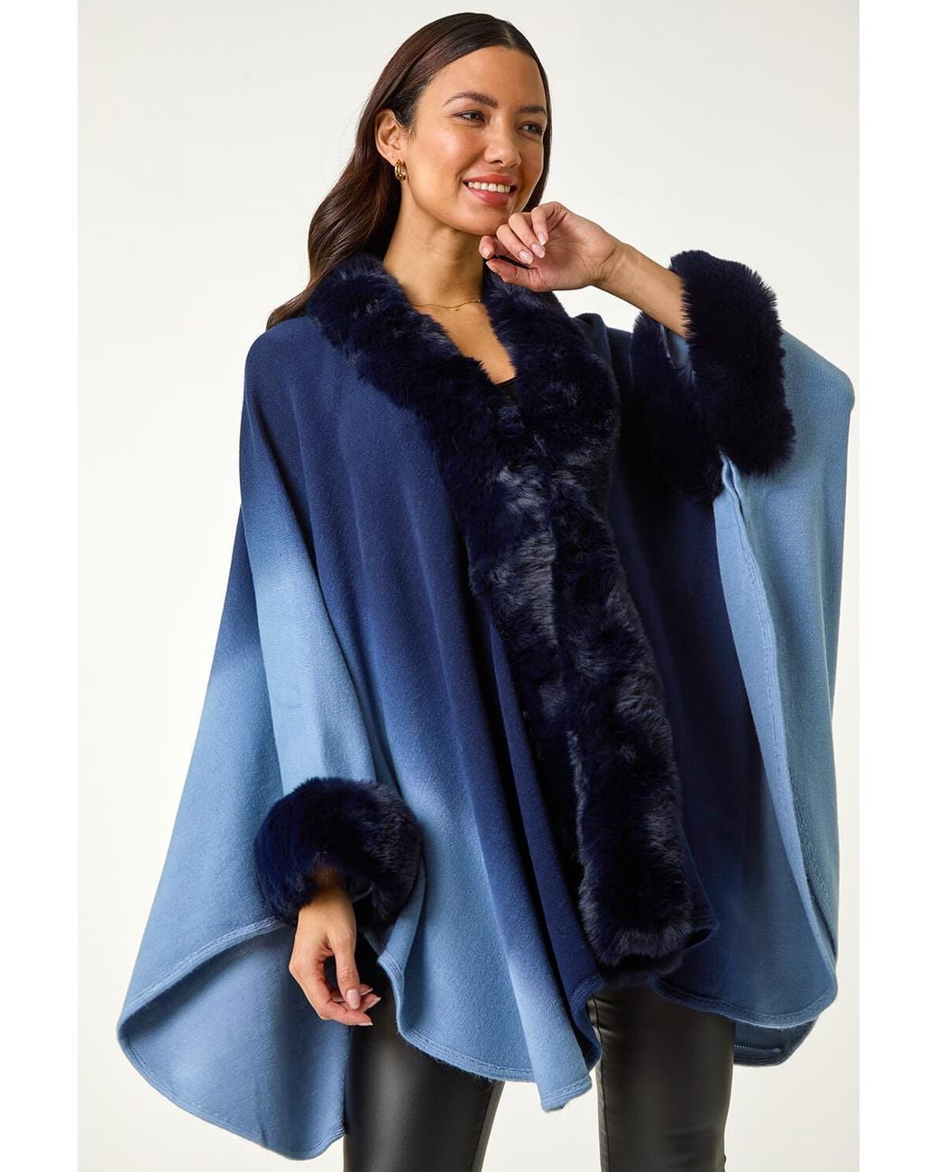 Roman Blue Dip Dye Faux Fur Trim Cape