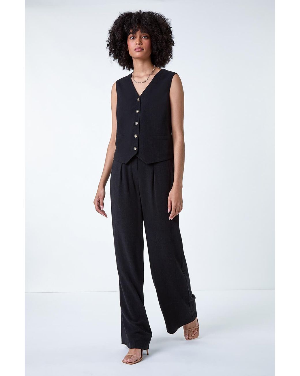 Roman Black Linen Mix Wide Leg Trousers