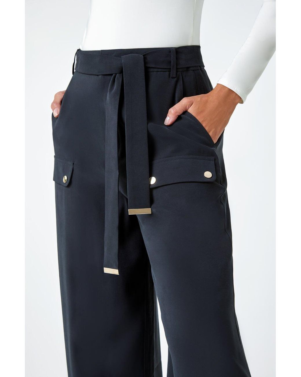 Roman White Wide Leg Belted Stretch Trousers