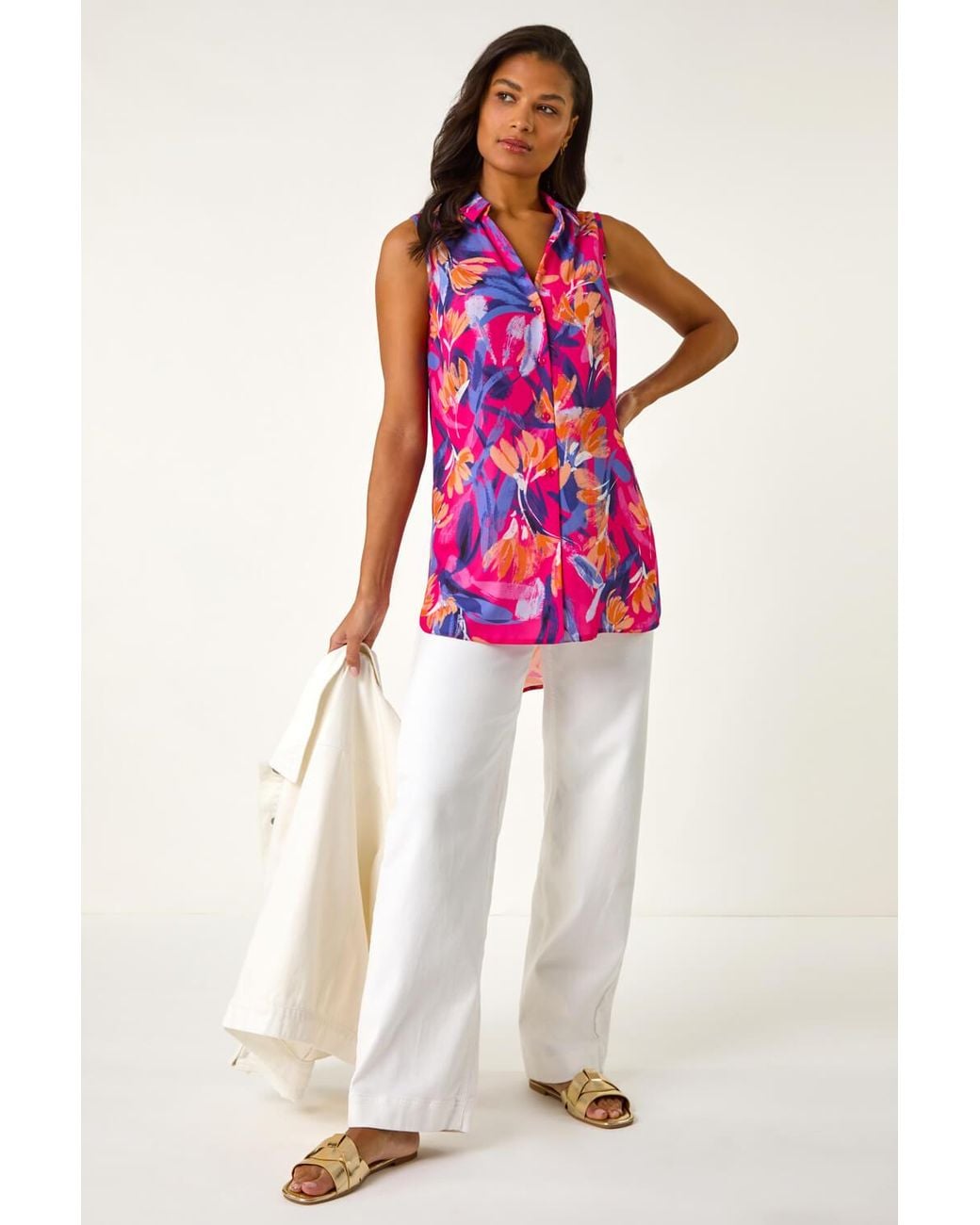 Roman Pink Floral Print Sleeveless Blouse