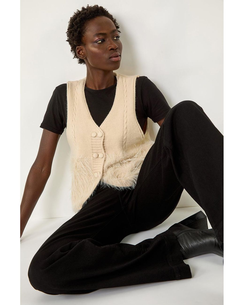 Roman Black Tassel Faux Fur Gilet