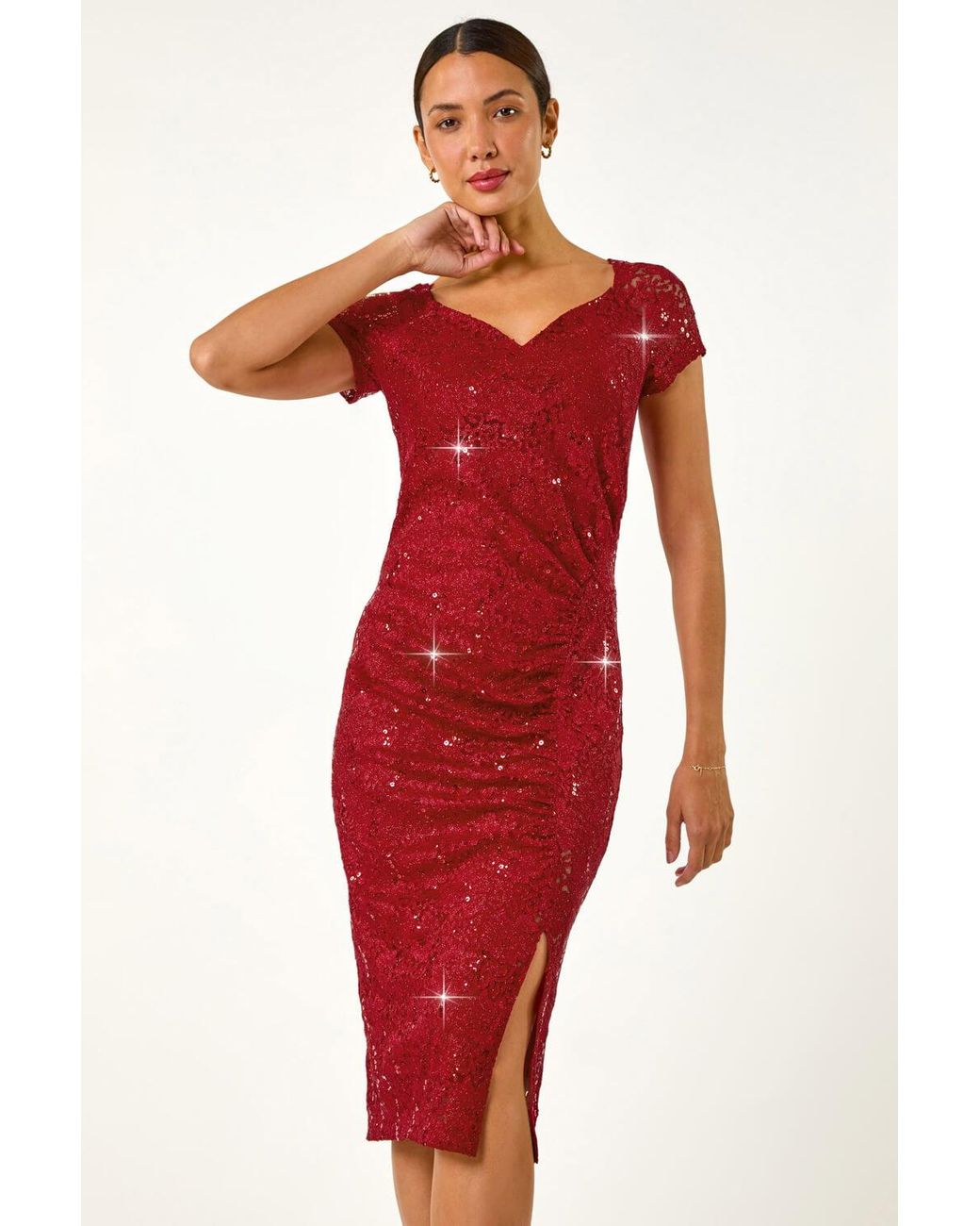 Roman Red Shimmer Lace Side Ruched Stretch Dress